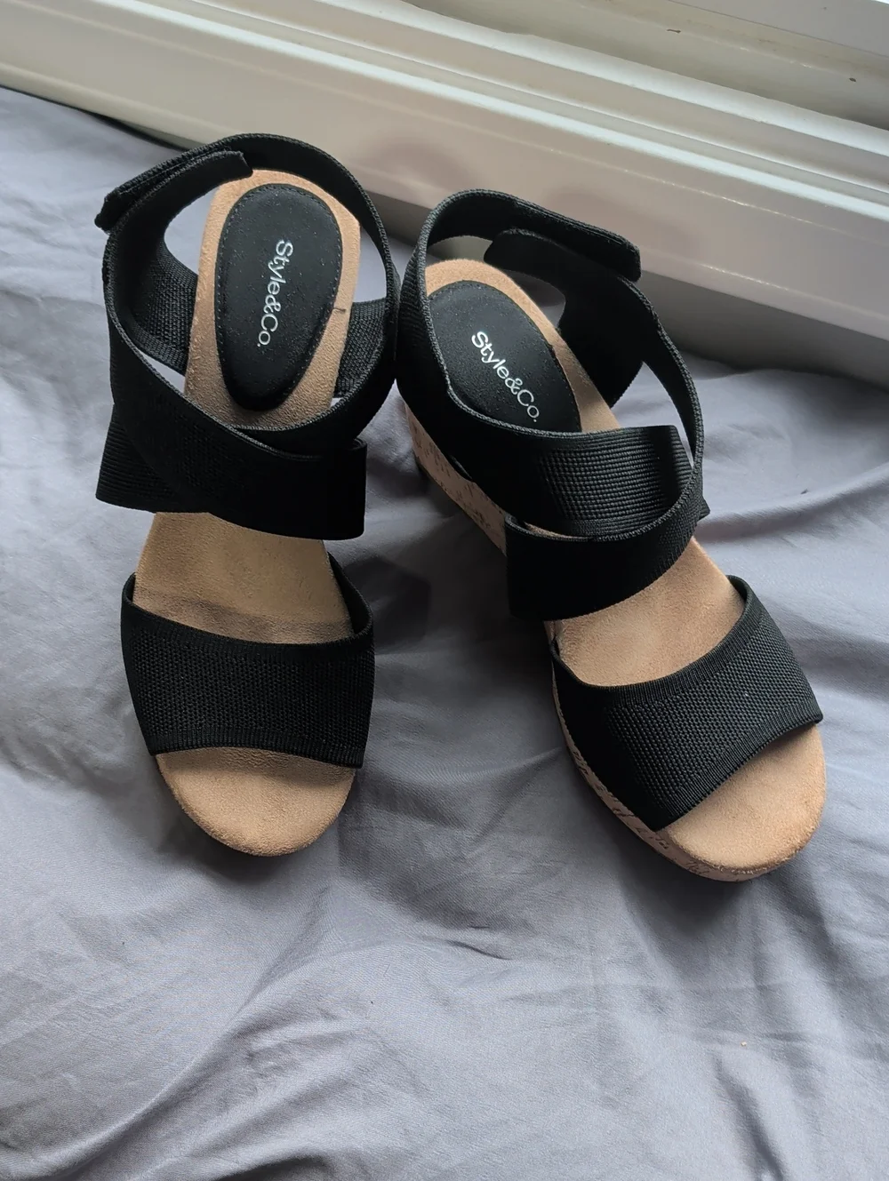 Style & Co. Black Elastic Strap Cork Wedge Sandals